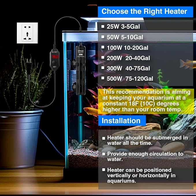 Aquarium Heater 50W, Submersible Fish Tank Heater with LED Digital Display, Auto Power-Off When Leaving Water & High Temp Protection, for Fresh and Salt Water Tanks 5-10 Gal