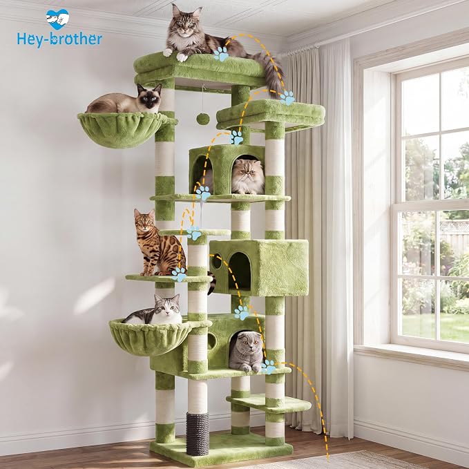Hey-brother Cat Tree, 74 inches Multi-Level XL Large Cat Tower for Indoor Cats with Three Cat Condos, Two Large Top Decks and Cat Hairbrushfor Kittens, Cats and Pets, Green MPJ035-MGR