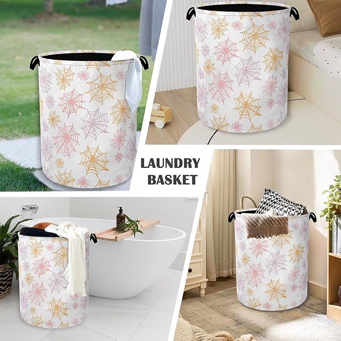 Colorful Spider Web Laundry Basket,Halloween Foldable with Handles Tote Bag Oxford Cloth for Bathroom Bedroom Dirty Clothes Storage Bucket 16" x 20.8"