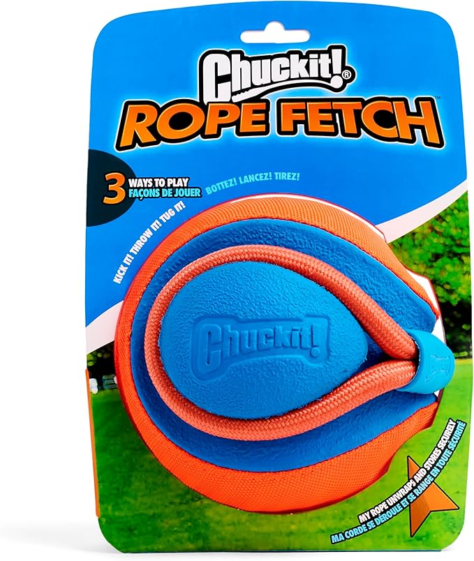 Chuckit! Rope Fetch Dog Toy - Ball on Rope Fetch and Tug-of-War Toy for Dogs - Durable EVA Rubber Construction - 5.5-inch Diameter - 18-inch Rope - Orange and Blue (Pack of 4)