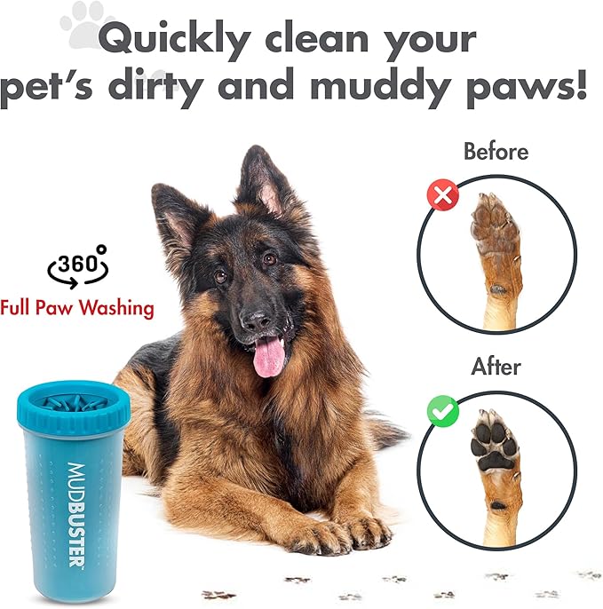 Dexas MudBuster Large Dog Paw Cleaner in Blue - Fits 2.5"-3.5" Wide Paws, Portable Paw Washer for Muddy Paws, Dog Paw Cleaning Cup with Gentle Silicone Bristles, Quick Clean Pet Paw Washer