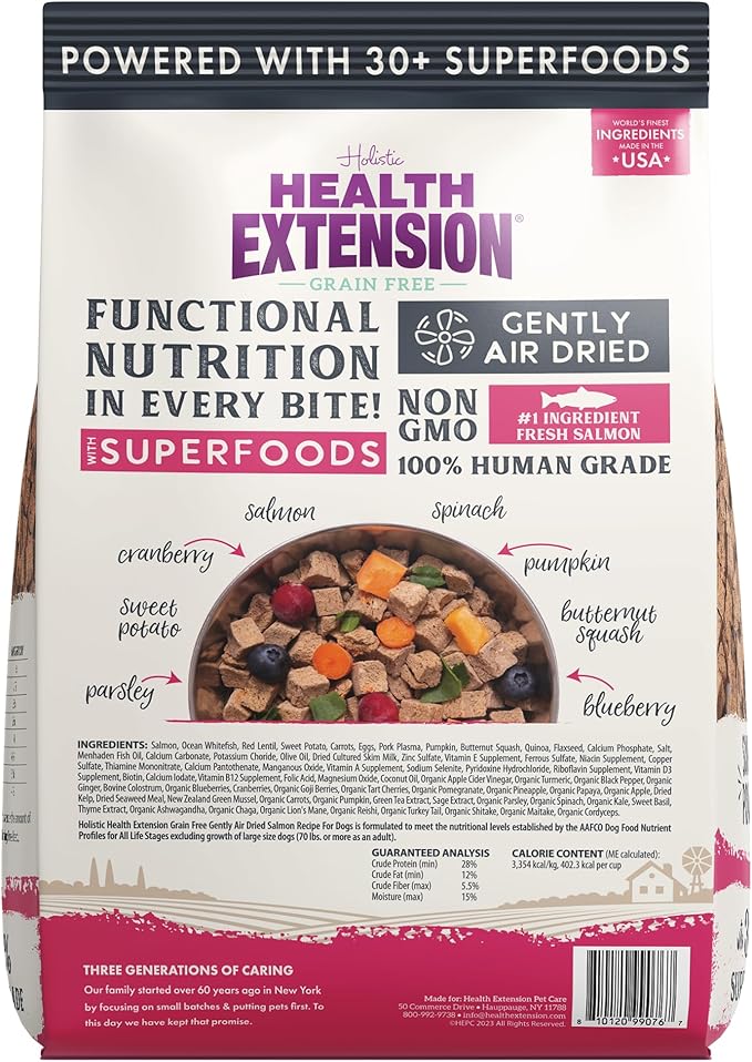 Health Extension Gently Air Dried Salmon Dog Food, (2lb, 907 g) – Complete & Balanced with 85% Animal Protein and 30+ Superfoods for All Life Stages