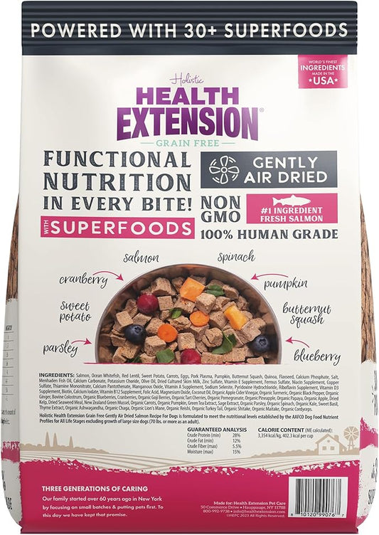 Health Extension Gently Air Dried Salmon Dog Food, (2lb, 907 g) – Complete & Balanced with 85% Animal Protein and 30+ Superfoods for All Life Stages
