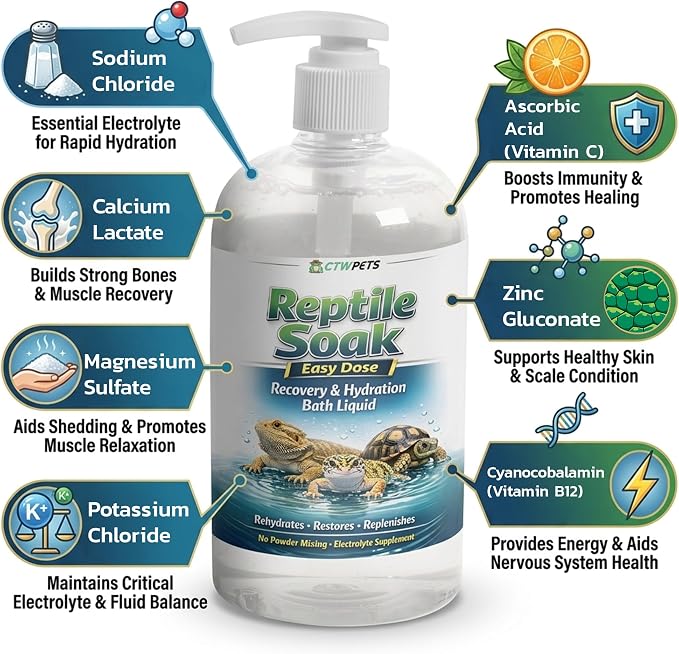 CTWPets Reptile Soak, Electrolyte and Vitamin Bath for Bearded Dragons, Leopard Gecko, Tortoise, Snakes (16oz, Easy Soak)