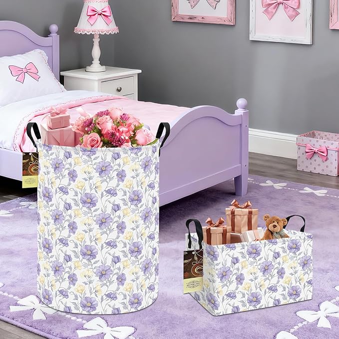 Collapsible Fabric Storage Basket, Waterproof Laundry Hamper with Handles, Round Storage Bin for Clothes Toys, Foldable Organizer for Bedroom Nursery Bathroom(Round-Purple Flowers)