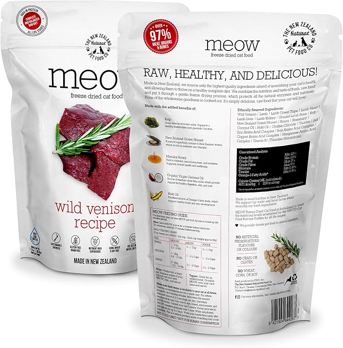 The New Zealand Natural Pet Food Co. Meow Freeze Dried Cat Food - Wild Venison Recipe, High Protein Treats, Meals & Toppers, Dry Cat Food, 9.9 oz