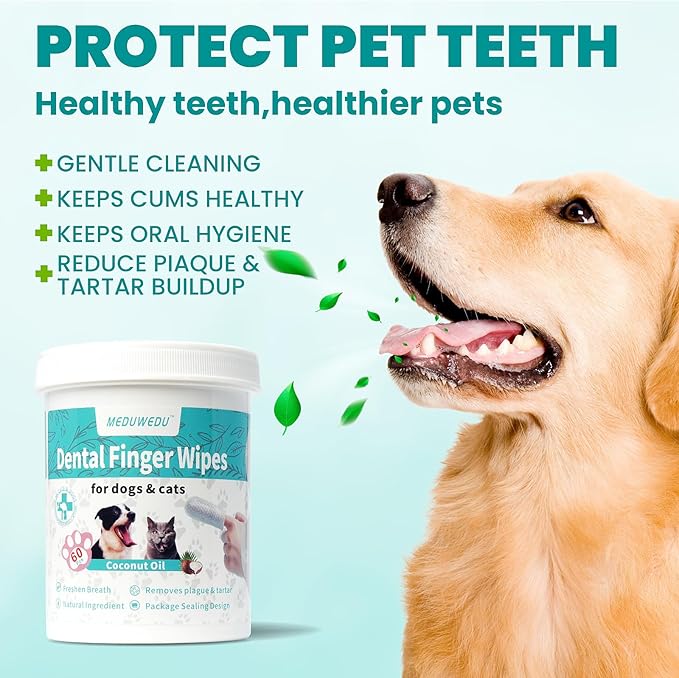 MEDUWEDU Dental Care Finger Wipes 60 Counts,Teeth Cleaning Finger Wipes for Dogs & Cats,Reduces Plaque & Freshens Breath, Mint Scent