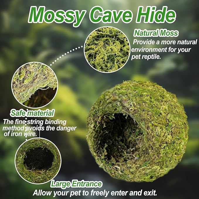 2pcs Crested Gecko Hide,Reptile Mossy Caves Hideout,Leopard Gecko Humid Hide,Natural Moss Cave Hiding Decor Tank Accessories for Reptiles, Amphibians,Invertebrates,Lizard,Frog