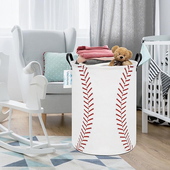 Laundry Basket Canvas Fabric Collapsible Organizer Basket for Storage Bin Toy Bins Gift Baskets Bedroom Clothes Children Nursery Hamper (Baseball)