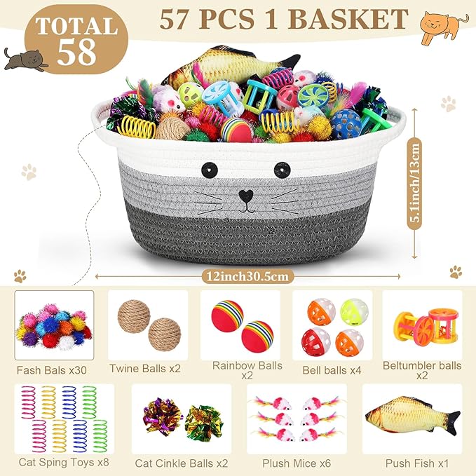 Zopeal 58 Pcs Mother’s Day Cat Storage Basket Gift Toys Set, Colorful Flashing Balls Pet Bell Crinkle Balls Spring Toys Attract Cat to Swat, Hunt, Interactive for Pet(Multicolor,12 Inch)