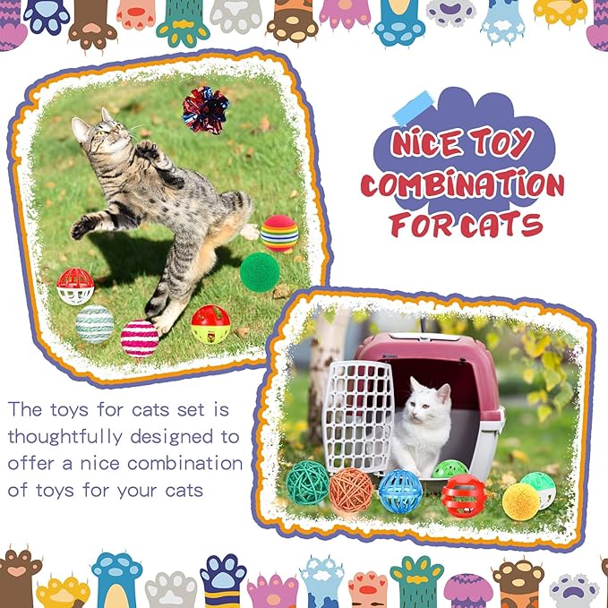 Lenwen 100 Pcs Cat Toys Set Bulk Cat Fur Mice Toys Variety Plastic Ball with Bell Furry Pompom Rattle Mouse Assorted Interactive Catnip Toy Pillow Chew Nice Gift for Indoor Kitten Cats Catch Play