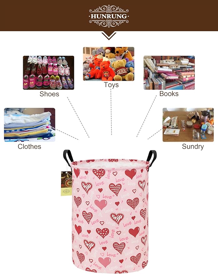Collapsible Fabric Storage Basket, Waterproof Laundry Hamper with Handles, Round Storage Bin for Clothes Toys, Foldable Organizer for Bedroom Nursery Bathroom(Round-Pink Love Heart)