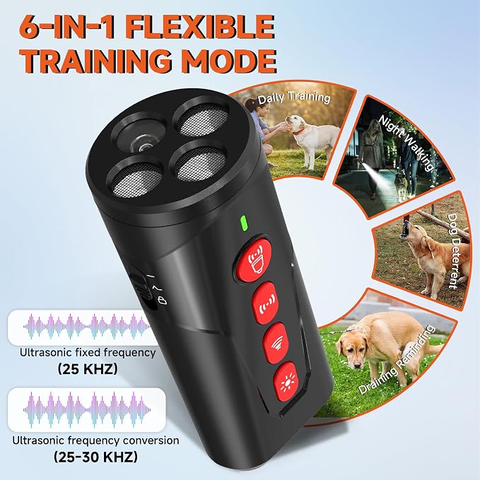 Dog Bark Deterrent Device, 3X Ultrasonic Anti Barking Device 6 Modes Dog Trainer Rechargeable & Portable Safe Bark Control Indoor Outdoor for All Dogs with LED Flashlight - Red Button