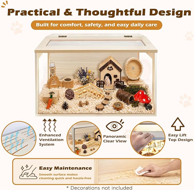 PROLEE Hamster Cage with Chewproof Wood Top, Guinea Pig Cages, Hamster Habitat with Clear Acrylic Sheets Solid Built, Small Animal Cage (Oak, 24X15.5X15.5 inch)