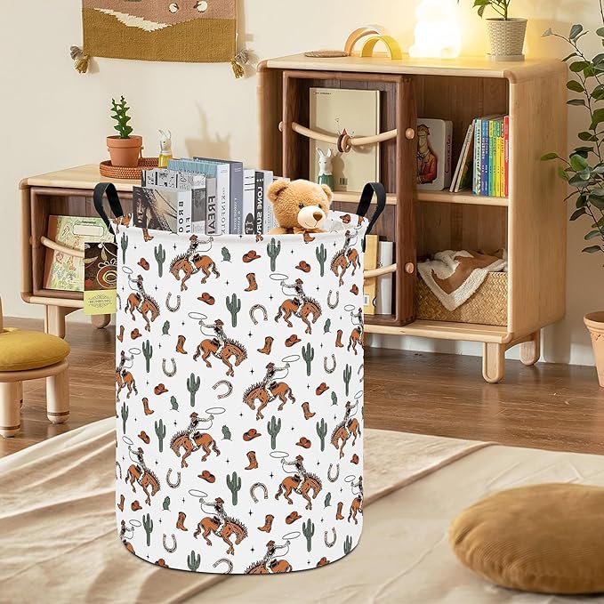 Collapsible Fabric Storage Basket, Waterproof Laundry Hamper with Handles, Round Storage Bin for Clothes Toys, Foldable Organizer for Bedroom Nursery Bathroom(Round-Cowboy)