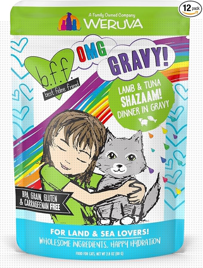 Weruva B.F.F. OMG - Best Feline Friend Oh My Gravy!, Shazaam! with Lamb & Tuna in Gravy Cat Food, 2.8oz Pouch (Pack of 12)