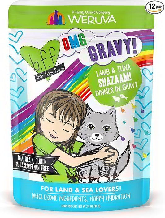 Weruva B.F.F. OMG - Best Feline Friend Oh My Gravy!, Shazaam! with Lamb & Tuna in Gravy Cat Food, 2.8oz Pouch (Pack of 12)
