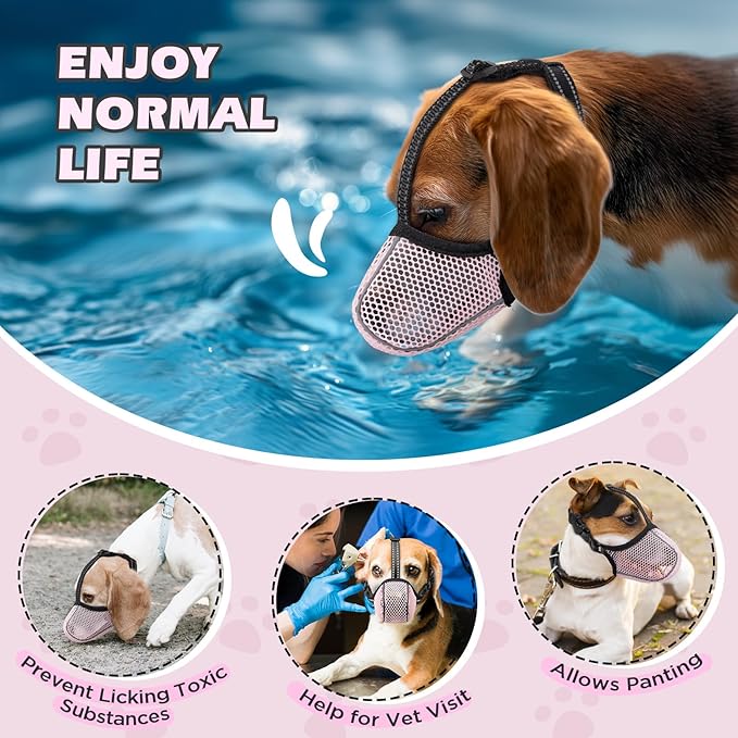 Dog Muzzle,Mesh Soft Muzzle for Small Medium Large Sized Dogs, Breathable Reflective Adjustable Puppy Muzzles with Collar for Scavenging Grooming Biting Chewing,Allows Panting and Drinking(Pink L)
