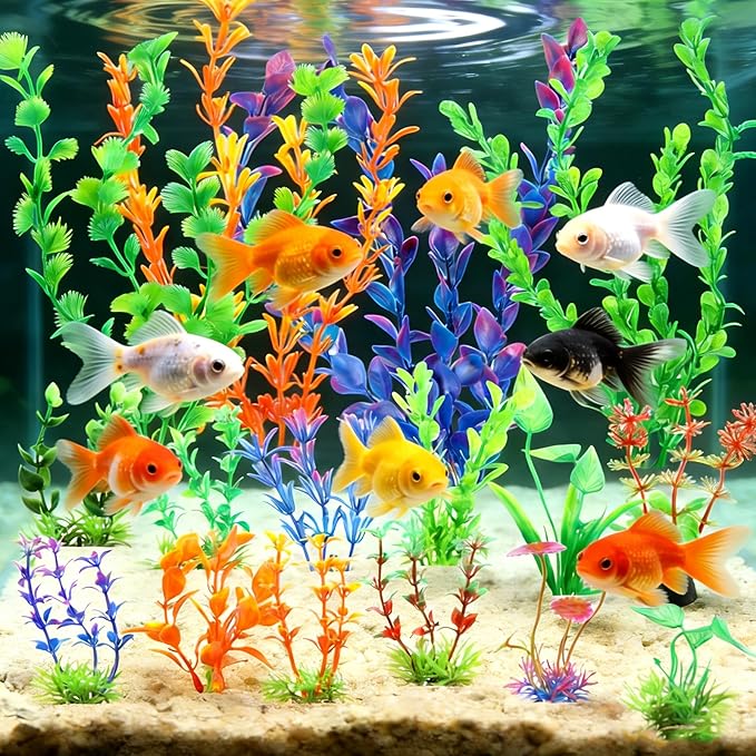 Ninsula Aquarium Plants 16P, Plastic Fish Tank Plants, Different Types Artificial Decor Aquarium Artificial Plastic Plants, Turtle Goldfish Betta Fish Tank Decor Set, Fish Decor for Tank (Colorful)