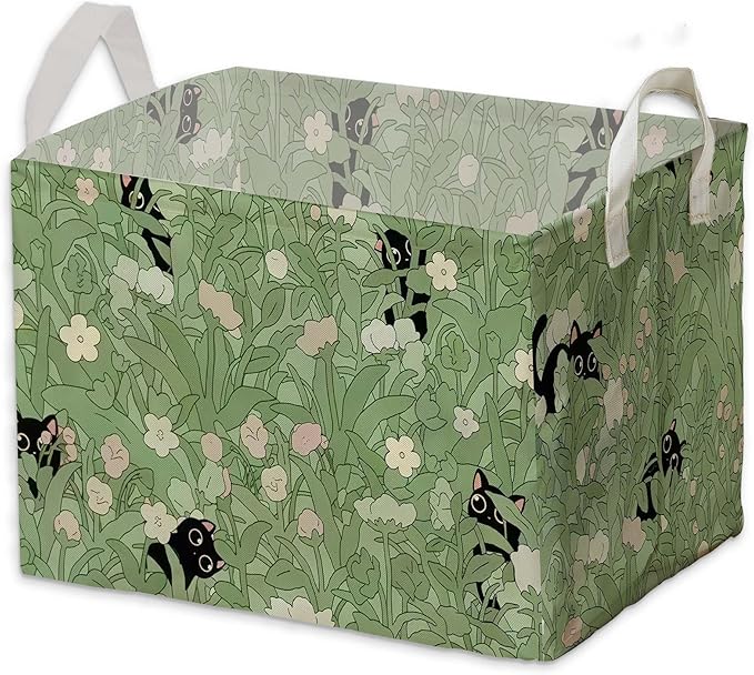 Black Cat Flower Green Storage Basket, Cats Gift Hamper for Pet Owners, Black Cat Bathroom Decor,Bin for Pet Lovers, Organizer Baskets for Bedroom, Large Squarecanvas Laundry Hamper With Foldable