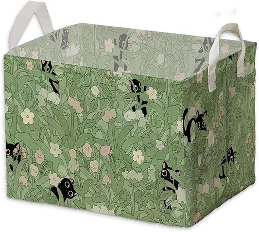 Black Cat Flower Green Storage Basket, Cats Gift Hamper for Pet Owners, Black Cat Bathroom Decor,Bin for Pet Lovers, Organizer Baskets for Bedroom, Large Squarecanvas Laundry Hamper With Foldable