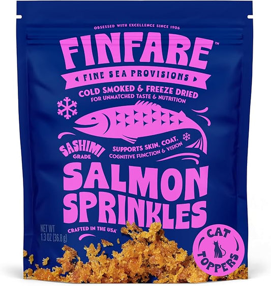 Finfare Freeze Dried Cat Food Toppers, Salmon Sprinkles, Grain Free Meal Toppers for Cats to Support Taste & Nutrition - High Protein & Omega-3s, Crafted in USA, 1.3oz