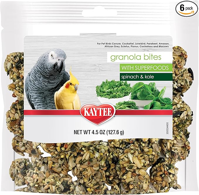 Kaytee Granola Bites with Super Foods Spinach and Kale for Pet Birds, Conure, Cockatiel, Lovebird, Parakeet, Amazon, African Grey, Ecletus, Pionus, Cockatoos and Macaws, 4.50 Ounce (Pack of 6)