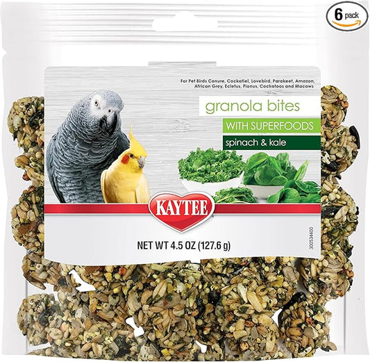 Kaytee Granola Bites with Super Foods Spinach and Kale for Pet Birds, Conure, Cockatiel, Lovebird, Parakeet, Amazon, African Grey, Ecletus, Pionus, Cockatoos and Macaws, 4.50 Ounce (Pack of 6)