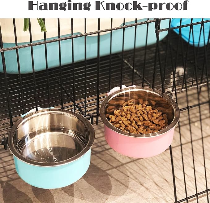 HERCOCCI 2Pcs Dog Crate Bowls, Hanging Removable Stainless Steel Food and Water Bowls for Puppies, Small Dogs, Cats, Rabbits & Ferrets (Blue, Red)