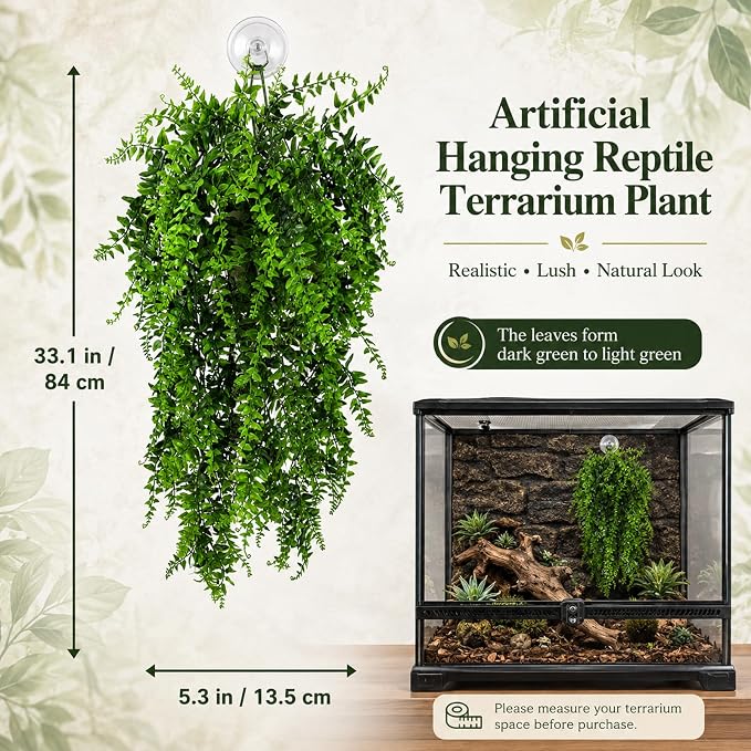 HERCOCCI 5 Pack Reptile Plants, Terrarium Hanging Plants Vines Artificial Leaves Habitat Decorations with Suction Cup for Bearded Dragon Hermit Crab Lizard Snake Geckos Chameleon