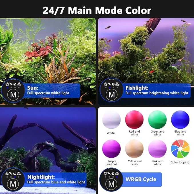hygger New Mode 24/7 Timer LED Aquarium Light, Auto On Off Full Spectrum Fish Tank Light Fish Colorful/Sun/Nightlight/Wrgb Cycle Mode for Freshwater Plants Tank (for 50in~57in Long Tank)
