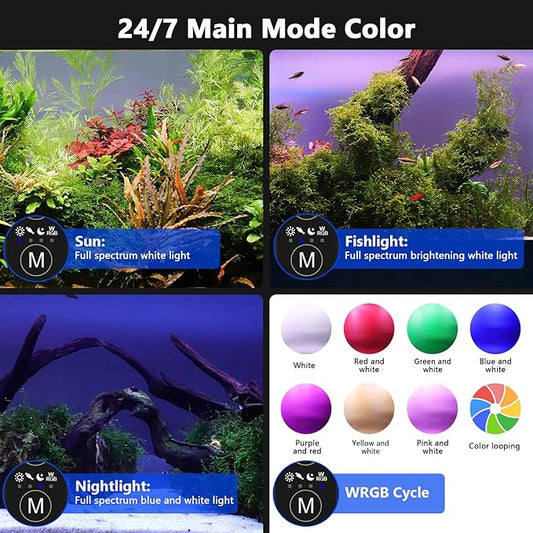 hygger New Mode 24/7 Timer LED Aquarium Light, Auto On Off Full Spectrum Fish Tank Light Fish Colorful/Sun/Nightlight/Wrgb Cycle Mode for Freshwater Plants Tank (for 50in~57in Long Tank)