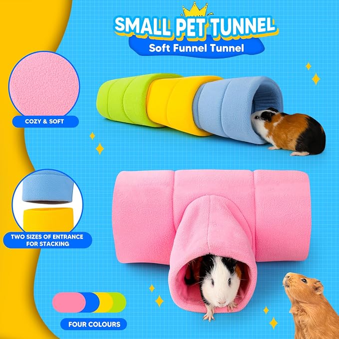 Guinea Pig Tunnel, Four Stackable Tunnels for Guinea Pig, One Pink 3-Way Tunnel and Three 2-Way Play Tube, Pink, Blue, Green and Yellow