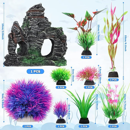 QUOZUO 10pcs Aquarium Artificial Plastic Plants Decorations and Rock Cave Decor Set, Fish Tank Accessories Small Large Fish Bowl Ornaments Set
