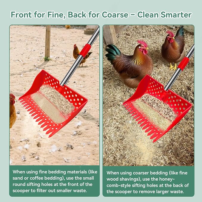 12" 2-in-1 Chicken Poop Scooper & Rake, 3-Shape Sifting Holes Chicken Coop Rake, Stainless Steel Handle (20–61") - Litter Scooper & Sand Sifting Shovel (U.S. Patent No. D1124534) - Red