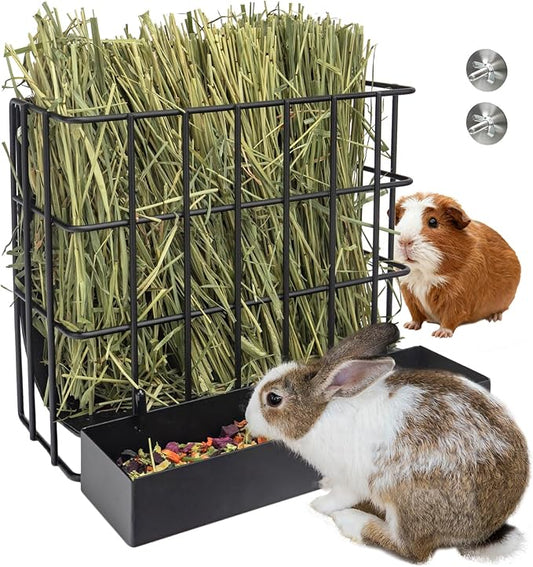 BESNEW 2-in-1 Large Rabbit Hay Feeder with Food Box,Upgraded Metal Guinea Pig Hay Feeder Hay-Leak Proof Bottom,Easy to Install,Bunny Supplies for Rabbit Guinea Pig Chinchilla Small Animals