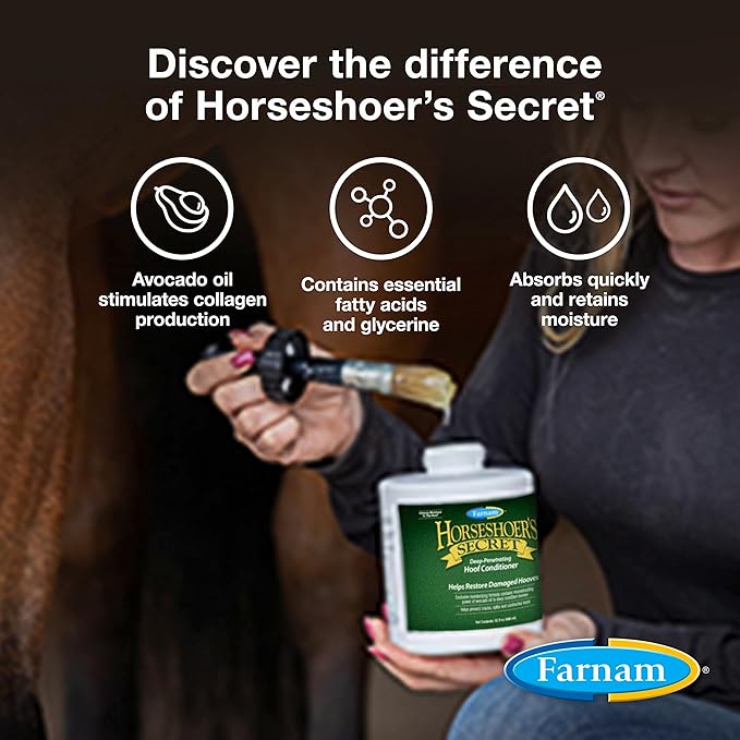 Farnam Horseshoer's Secret Deep-Penetrating Hoof Oil for Horses, Conditions Dry Hooves, Prevents Cracks, Splits & Contracted Heels, Contains Avocado, Glycerine & Mineral Oils, Fast Absorbing, 32 Oz