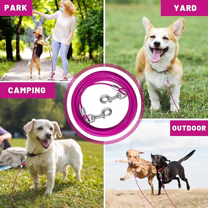 Dog Tie Out Cable 10/15/20/25/30/50 FT Dog Runner for Yard Steel Wire Dog Cable with Durable Superior Clips Pink Dog Chains for Outside Dog Lead for Large Dogs Up to 165 lbs