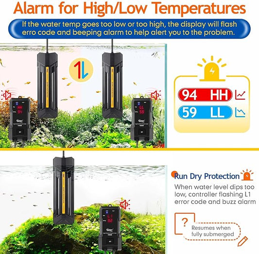 hygger 1000W Aquarium Heater with Controller, Adjustable & Submersible Fish Tank Heater with Digital Display Safety Triple Protection Beeping Alarm for Saltwater and Freshwater 130-260 Gallon