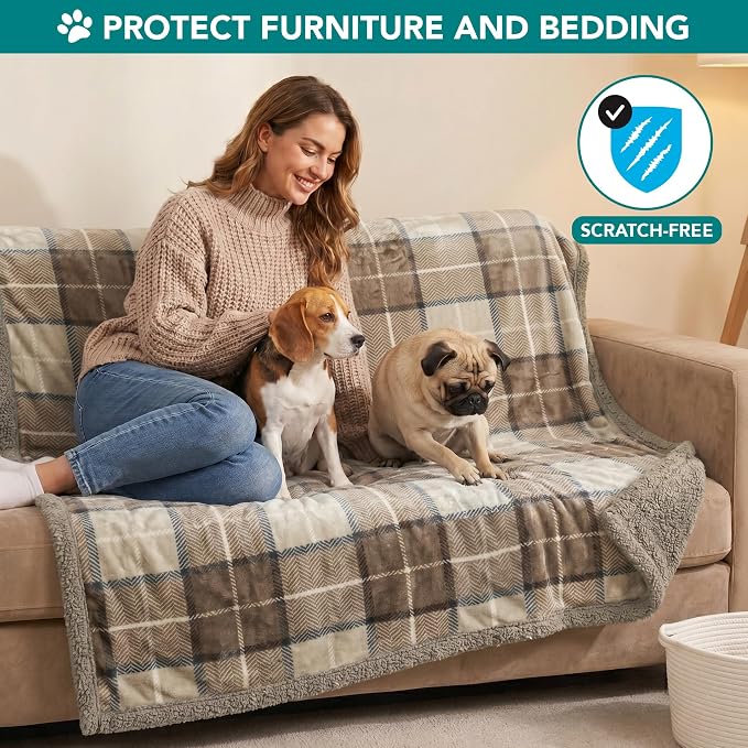 PetAmi Dog Blanket for Small Medium Dogs and Cats, Soft Sherpa Fleece Pet Blanket Throw for Puppies Kittens, Reversible Plush Couch Cover Protector Sofa Bed Crate, Machine Washable, 60x40, Plaid Taupe