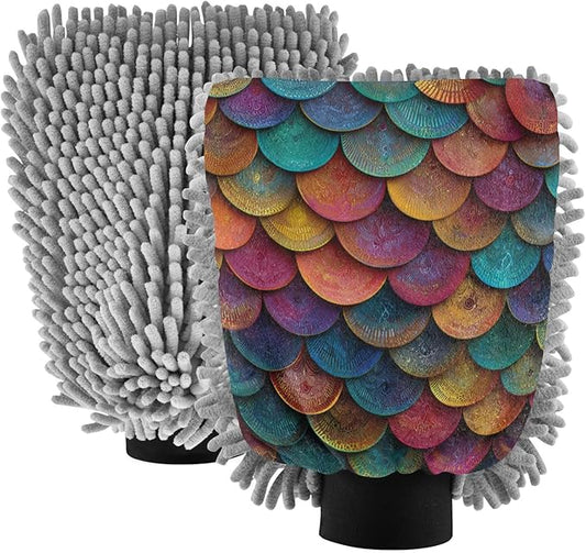 Car Wash Mitt Microfiber Wash Mitts for Car Washing Scratch-Free Cleaning Gloves Soft Non Absorbent Chenille Auto Hand Mitt Large 2Pack Vintage Rainbow-Colored Fish Scales
