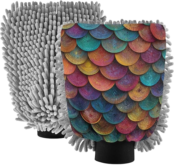 Car Wash Mitt Microfiber Wash Mitts for Car Washing Scratch-Free Cleaning Gloves Soft Non Absorbent Chenille Auto Hand Mitt Medium 2Pack Vintage Rainbow-Colored Fish Scales