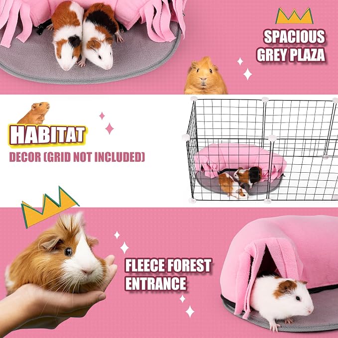 Guinea Pig Tunnel, 2-Way Tunnel for Guinea Pig, Hamster and Other Small Pets, Zip Design for Use and Storage, Pure Pink and Grey
