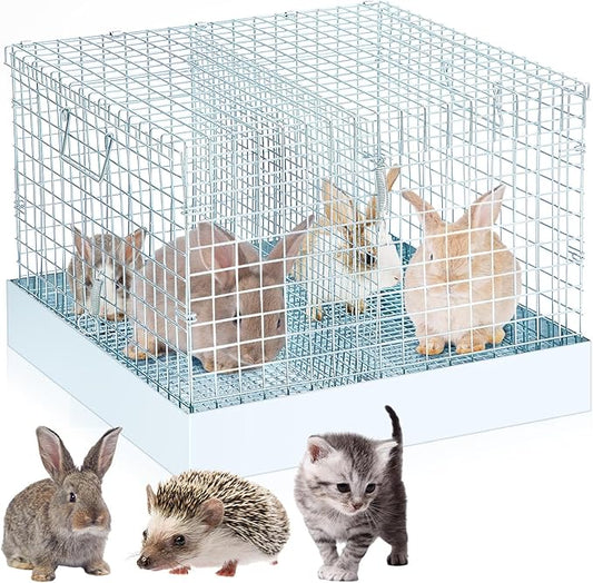DoubleFill 2 Hole Folding Rabbit Transport Cage, Portable 18 x 18 x 14 in Bunny Carrier with Tray and Handles for Travel or Temporary Housing, Indoor Outdoor Pet Habitat Animal Enclosure