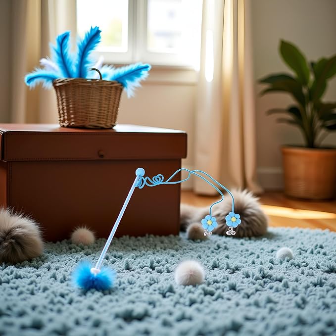 Cat Feather Stick Wand Toy,Cat Toys Teaser Wand with Feather Refills with Bell for Indoor Cats, Cat Toy Wand for Indoor and Kitten(Blue)