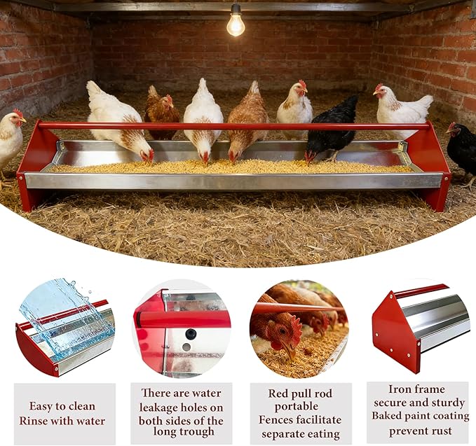 Chicken Feeding Trough,Chicken Feeder,45" Heavy Duty Galvanized Steel Feeder with Drainage Holes & Crossbar,Suitable for Poultry Feeder Trough for Chicken, Duck, Geese, Turkey (1 Piece)