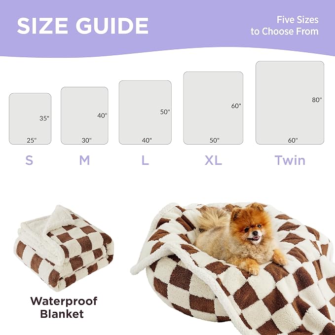 LE SURE Waterproof Dog Blanket for Large Dogs - Washable Double Sided Dog Blankets with Warm Jacquard Shag and Soft Sherpa Fleece, Pet Cat Blanket for Bed Protection, 3D Textured Checks, Brown