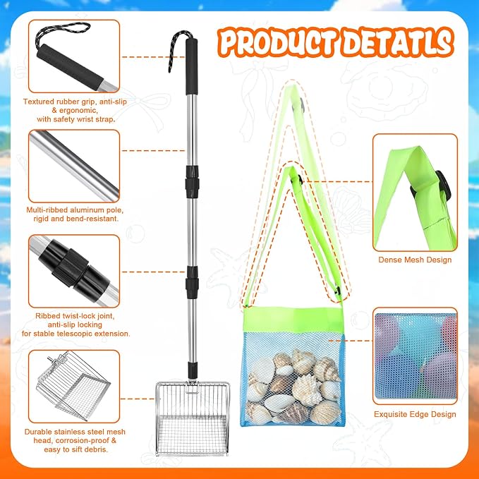 2 x Beach Sand Sifter,Metal Beach Shovel Set, with 2 Seashell Bags,Stainless Steel Sand Scoop with Adjustable Handle,Portable Tool for Shell & Shark Teeth Collecting,Kids Adults Outdoor Beach Supplies