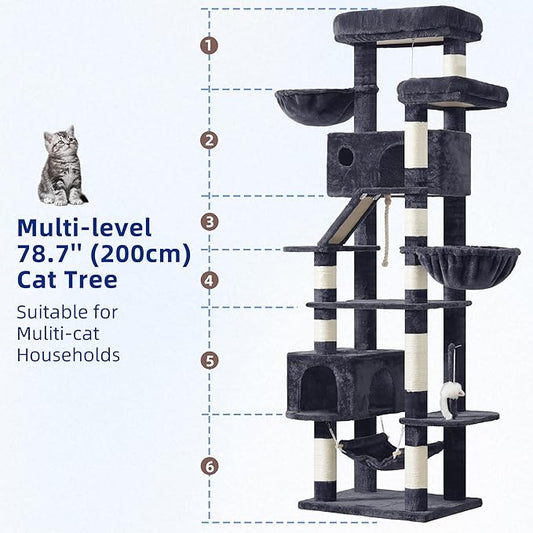 Gitelsnour Cat Tree for Large Cats, 78.7"(200cm) Tall Cat Tower for Indoor Cats Multiple Cats with Large Top Perch, Cat Condo, Cat Hammcok, Cat Scratching Post, Dark Gray GCT031G