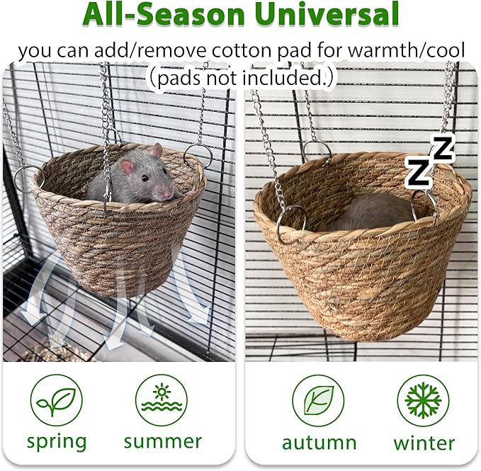 2Pcs Rat Enrichment Toys & Natural Grass Rat Hammock, Stainless Steel Foraging Holder and Chew Proof Bowl-Shaped Bed for 1-2 Rats Mice Parakeet